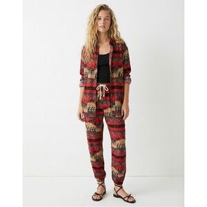 Boho Red Elephant Matching 2 Piece Set Button Front Top Joggers Festival Medium